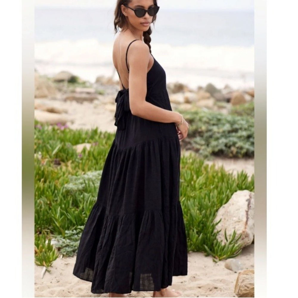 L*Space Santorini Tiered Maxi Dress Tie Back Womens S Black Textured Gauze